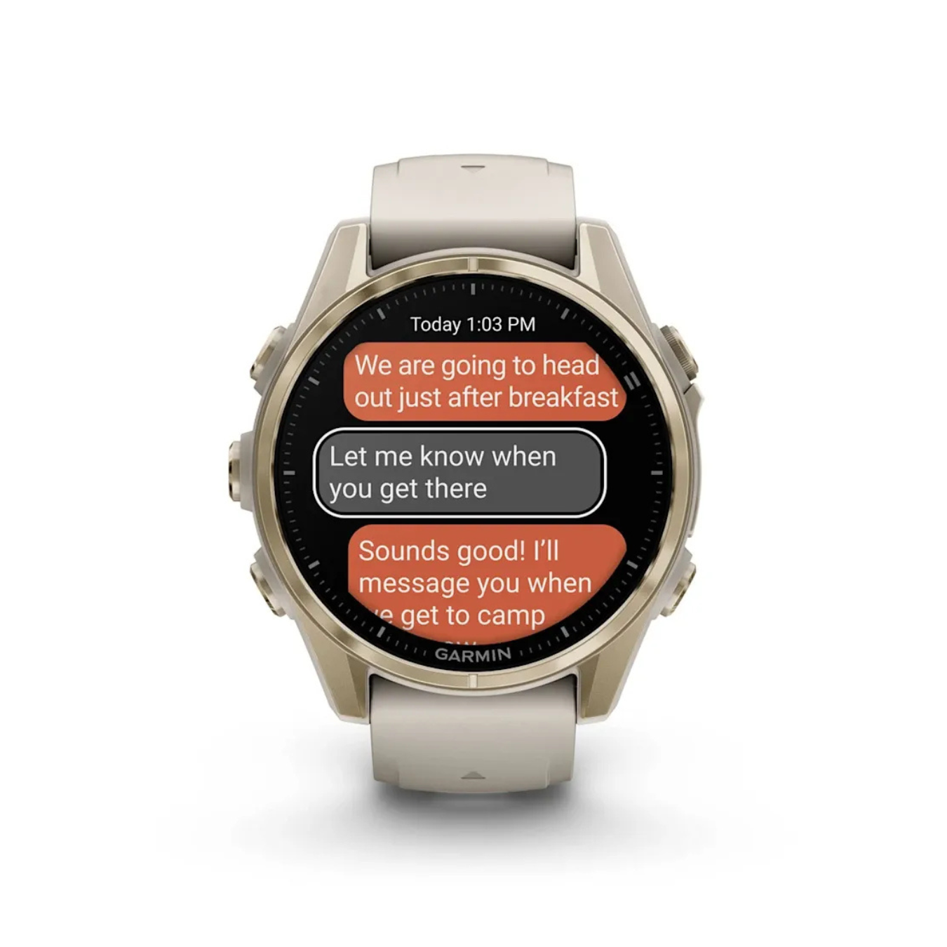 Garmin fēnix 8 smartwatch displaying text messaging and smart notification interface