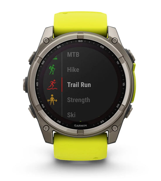 Garmin Fenix 8 solar smartwatch showing activity selection menu with trail run mode
