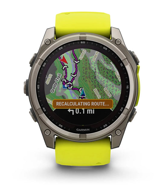 Garmin Fenix 8 solar smartwatch displaying GPS map with navigation route and distance