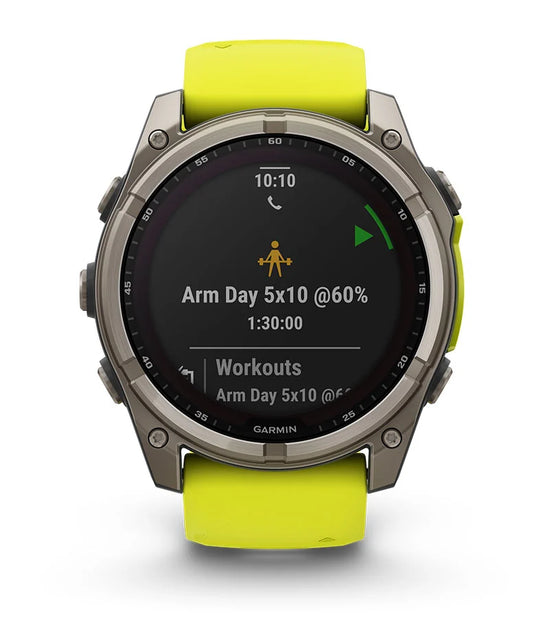 Garmin Fenix 8 solar smartwatch displaying strength training workout plan and metrics