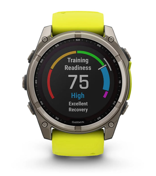 Garmin Fenix 8 solar smartwatch showing training readiness score and recovery status