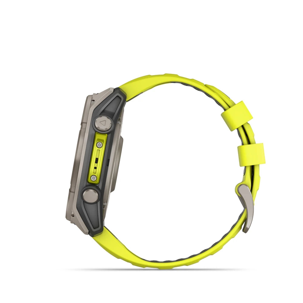 Garmin fēnix 8 Solar watch side view showing amp yellow silicone band and durable titanium build