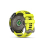 Back view of Garmin fēnix 8 Solar GPS watch showing optical heart rate sensor and amp yellow silicone band