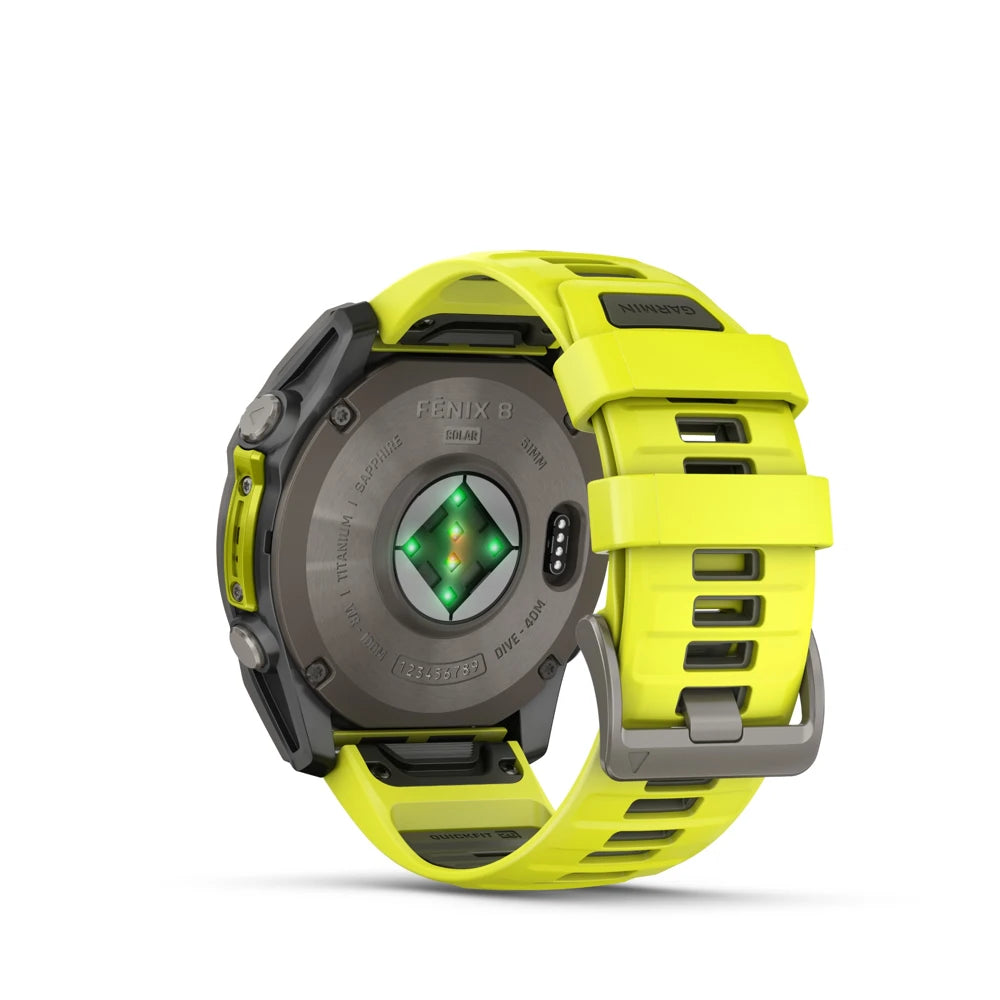 Back view of Garmin fēnix 8 Solar GPS watch showing optical heart rate sensor and amp yellow silicone band
