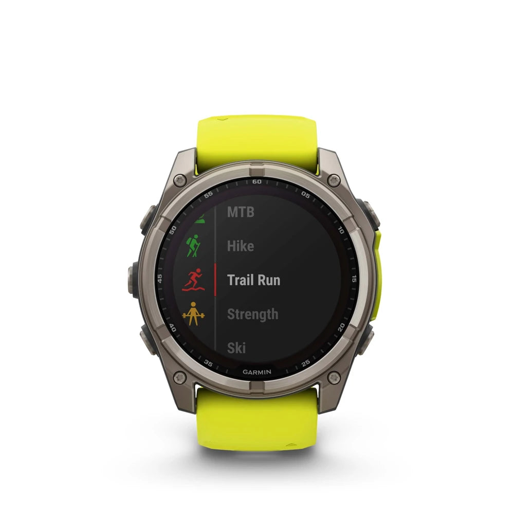 Garmin fēnix 8 Solar GPS watch showing multisport modes including trail run, hike, strength and ski
