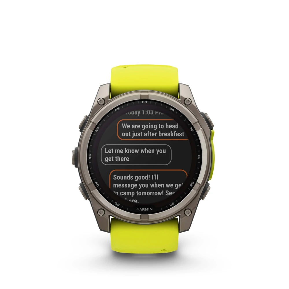 Garmin fēnix 8 Solar smartwatch displaying text messages and smart notifications on rugged AMOLED screen