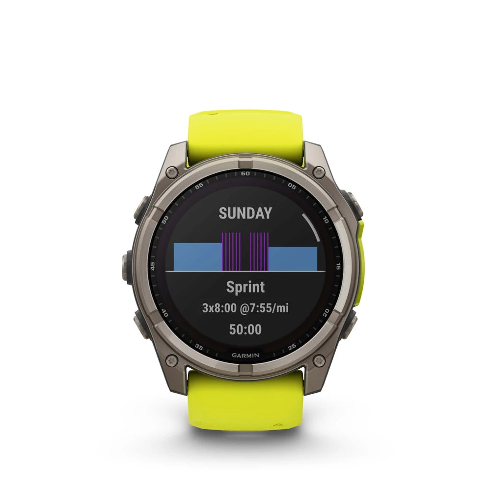 Garmin fēnix 8 Solar smartwatch displaying sprint workout intervals and training plan data