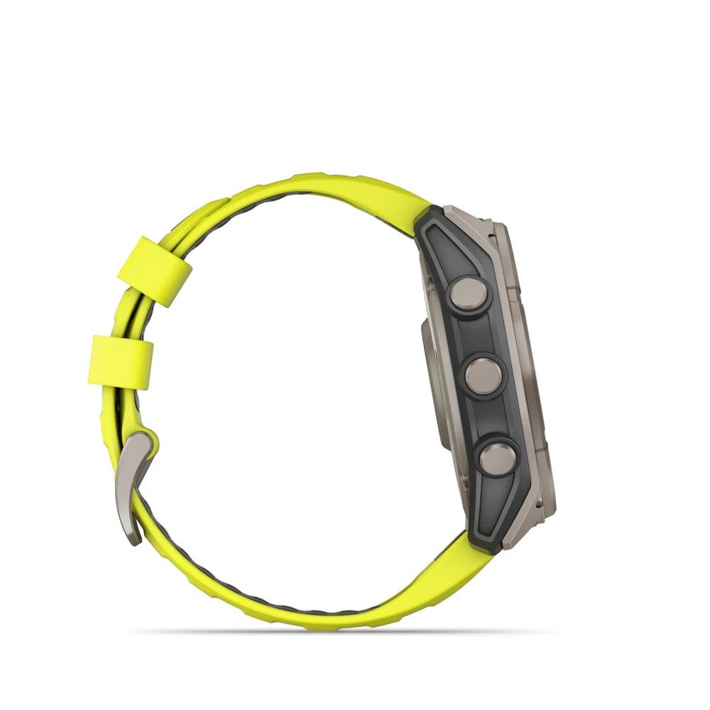 Side profile of Garmin fēnix 8 Solar 47mm titanium case highlighting control buttons and rugged design