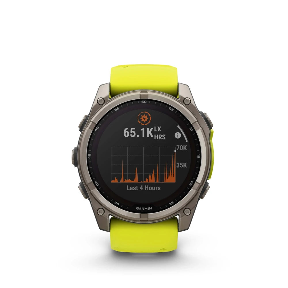 Garmin fēnix 8 Solar GPS watch showing training load and activity graph metrics on display