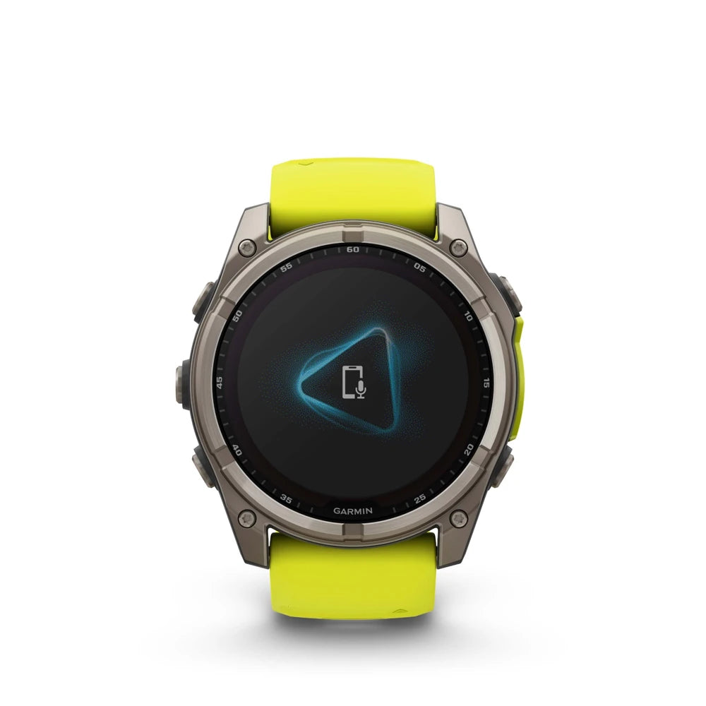 Garmin fēnix 8 Solar smartwatch displaying voice control and microphone assistant interface