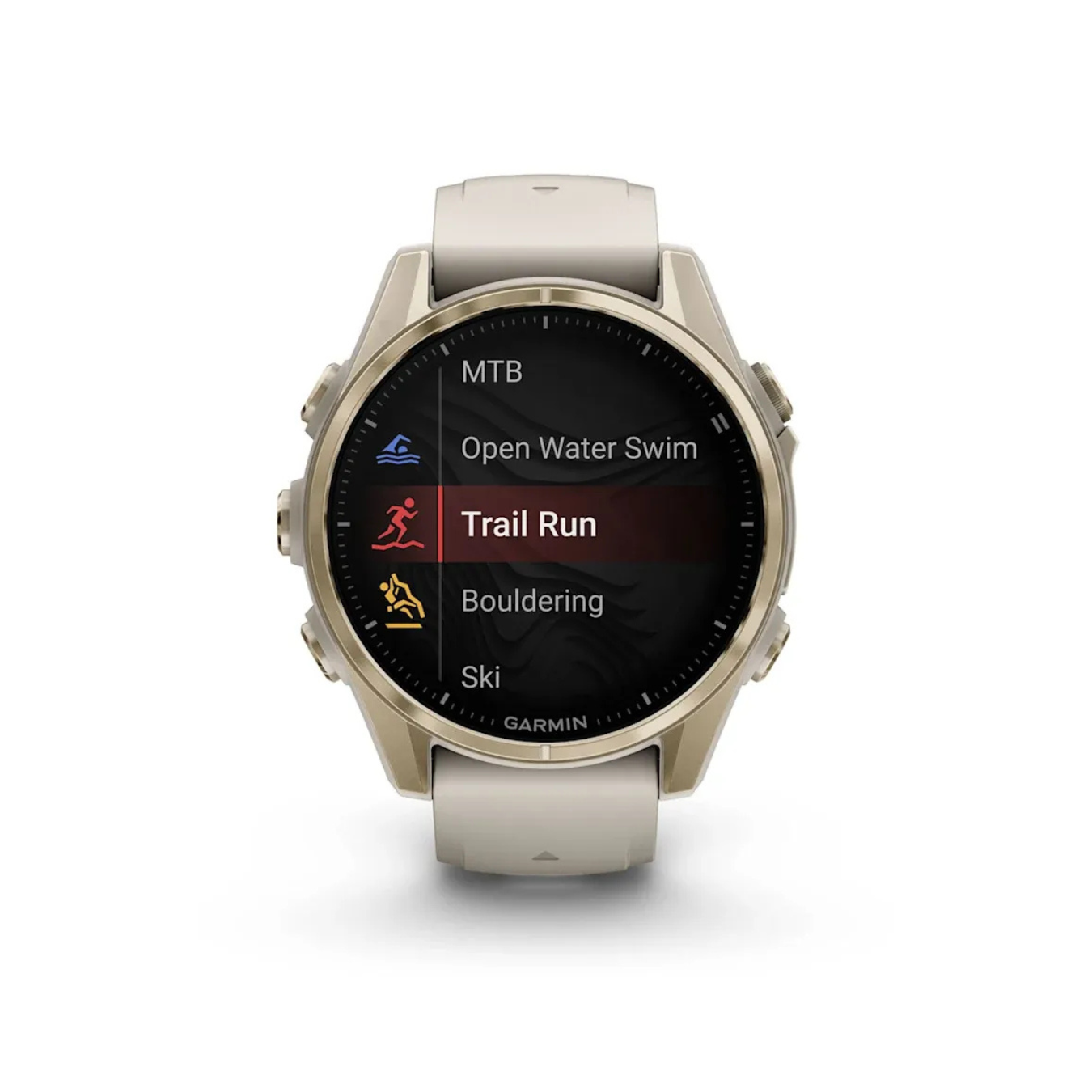 Garmin fēnix 8 showing sports activity menu including trail running, swimming, and climbing modes