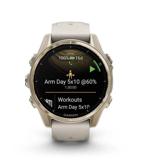 Garmin Fenix 8 smartwatch displaying strength training workout plan and metrics