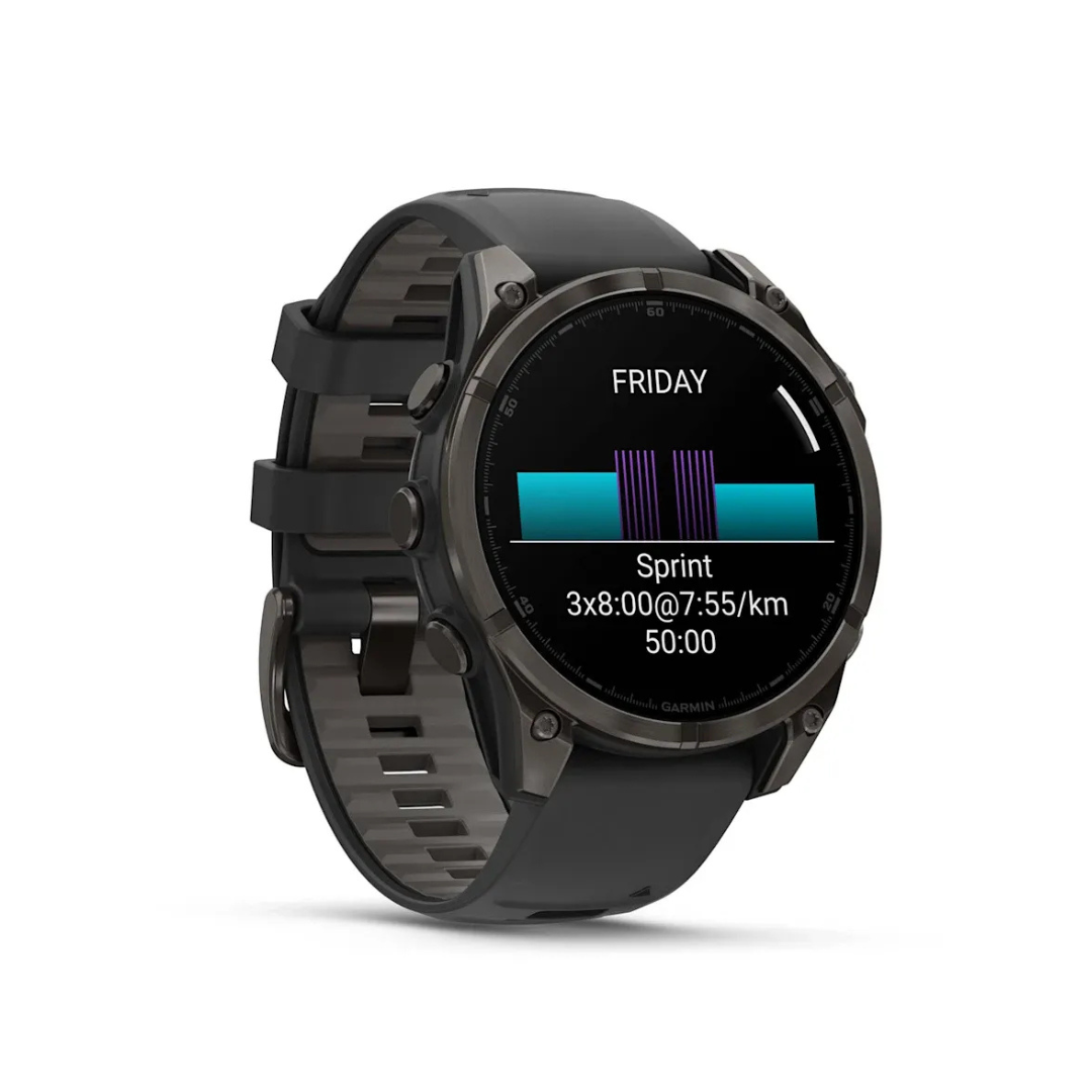 Garmin fēnix 8 47mm AMOLED GPS watch displaying sprint workout training plan and performance metrics