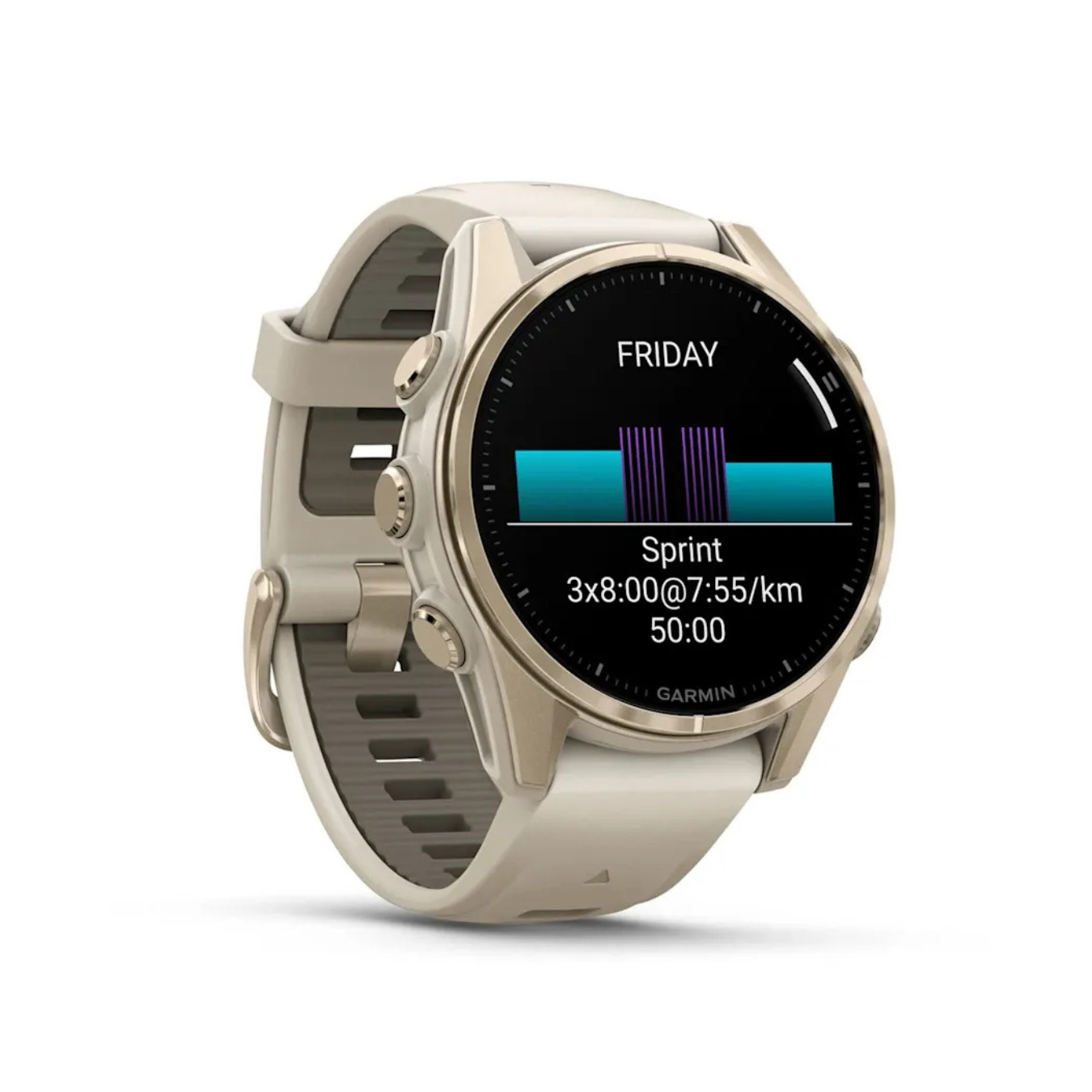 Garmin fēnix 8 GPS watch displaying sprint workout training plan and performance data