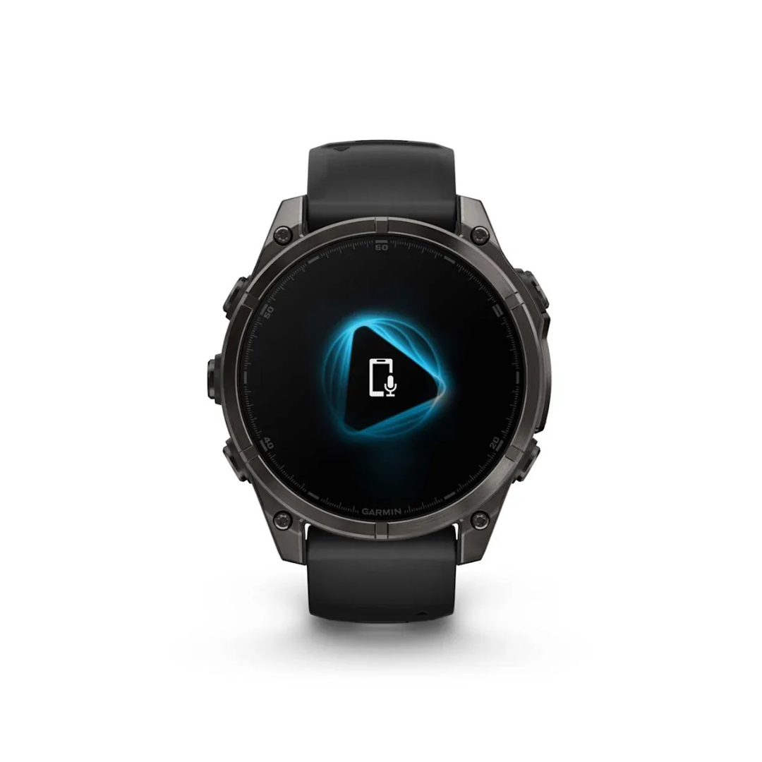 Garmin fēnix 8 AMOLED smartwatch voice assistant microphone feature interface on carbon gray titanium case