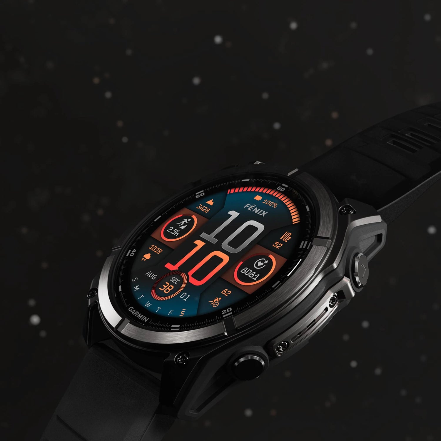 Garmin Fenix 8 smartwatch close-up showing digital watch face and metrics