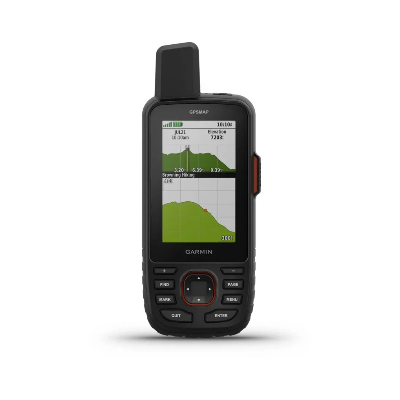 Garmin GPSMAP 67i displaying elevation profile and hiking tracking data for outdoor navigation