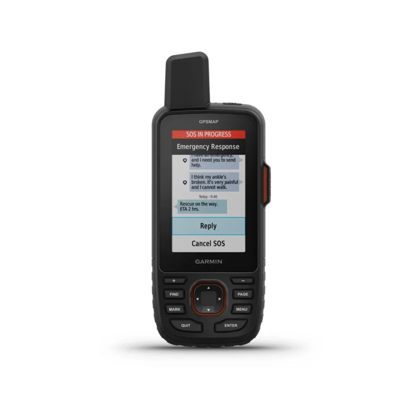 Garmin GPSMAP 67i displaying SOS emergency response messaging and rescue communication screen