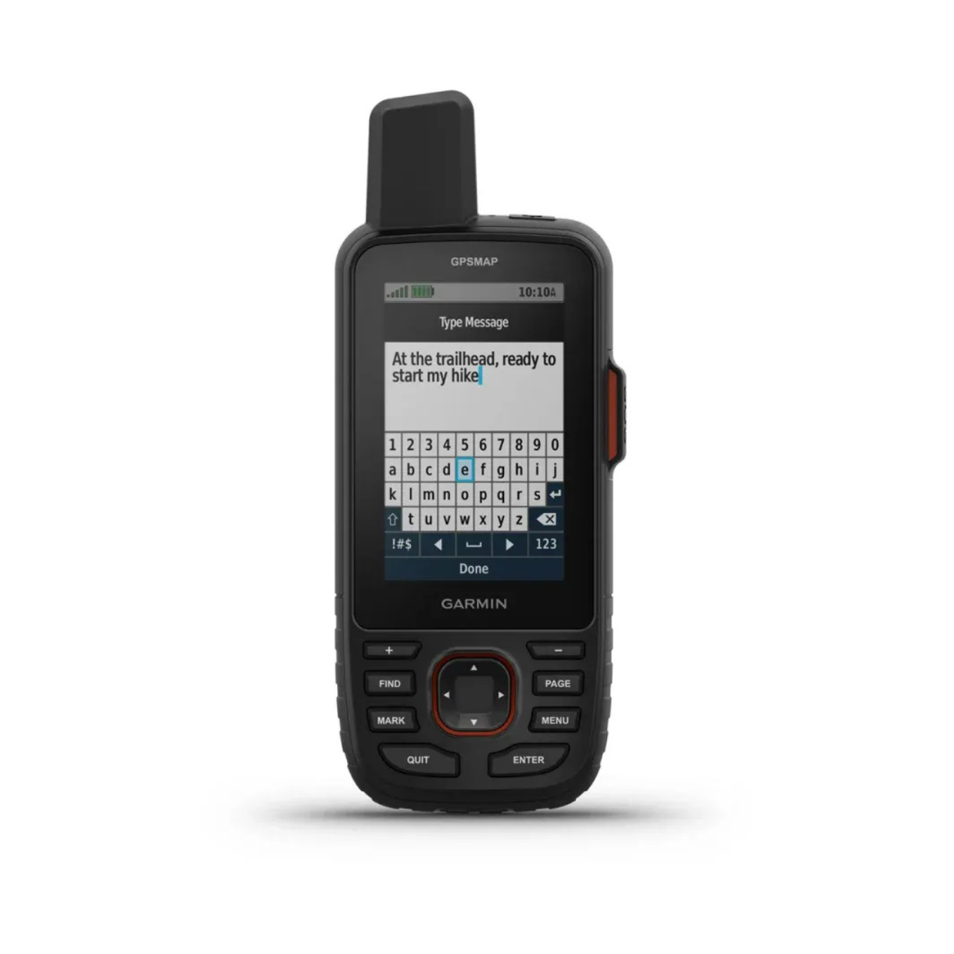Garmin GPSMAP 67i handheld GPS showing satellite text messaging interface for backcountry communication