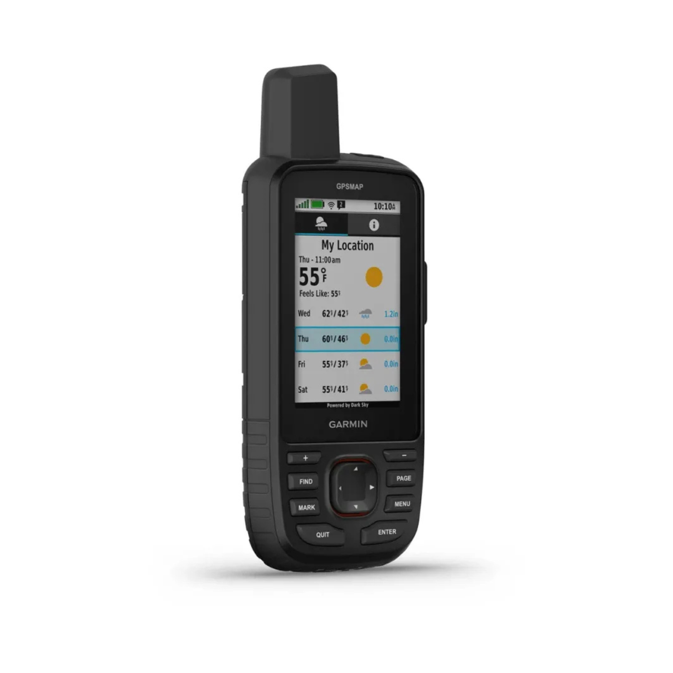 Garmin GPSMAP 67i handheld GPS showing weather forecast and smart outdoor data screen