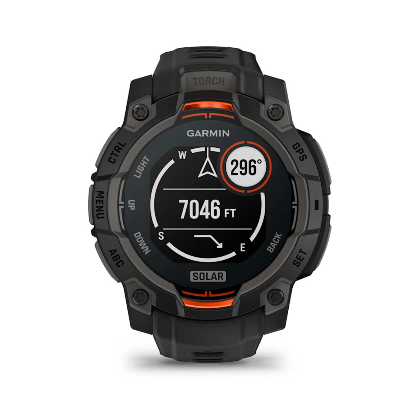 Garmin Instinct 3 Solar watch showing GPS compass heading and altitude tracking