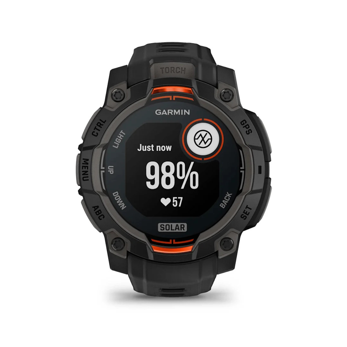 Garmin Instinct 3 Solar watch displaying pulse ox blood oxygen level and heart rate