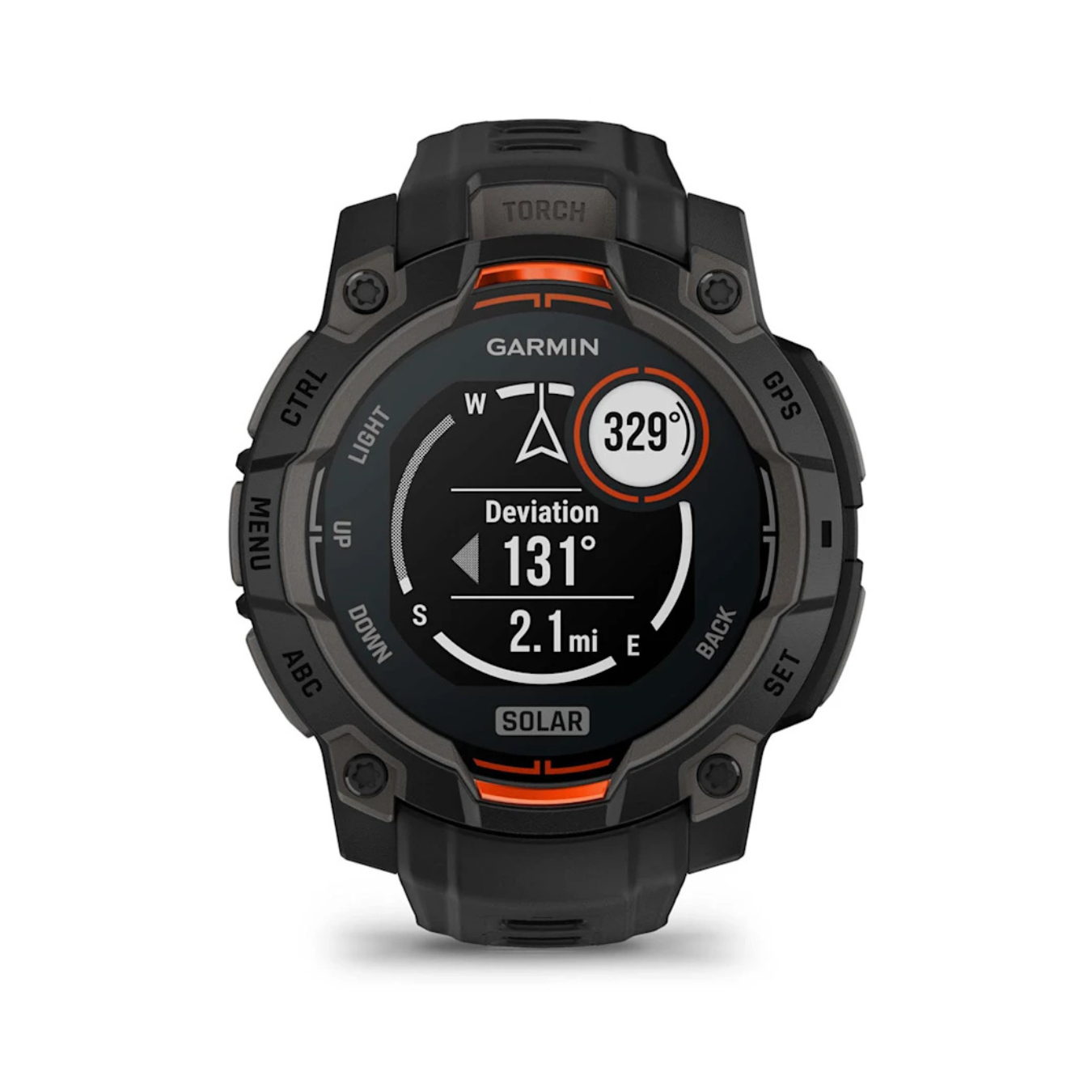 Garmin Instinct 3 smartwatch navigation screen with route deviation and distance tracking