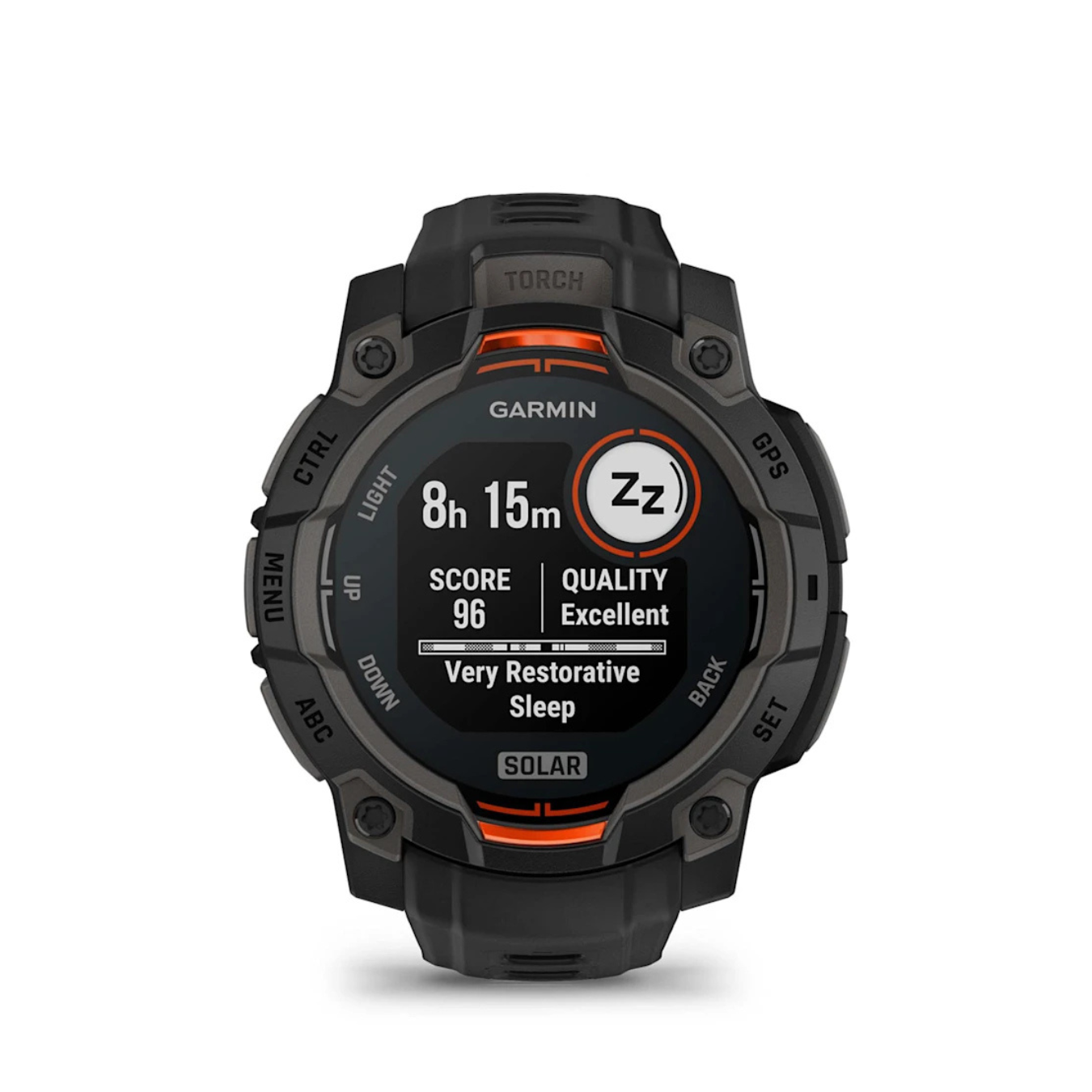 Garmin Instinct 3 Solar watch displaying sleep score duration and recovery quality