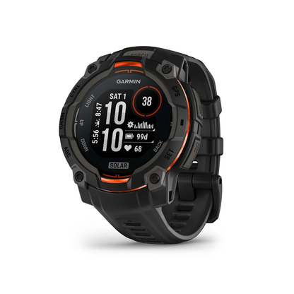Garmin Instinct 3 Solar 45mm rugged GPS smartwatch front display showing time heart rate and battery