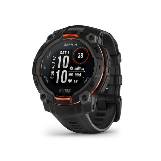 Garmin Instinct 3 Solar 45mm rugged GPS smartwatch front display showing time heart rate and battery