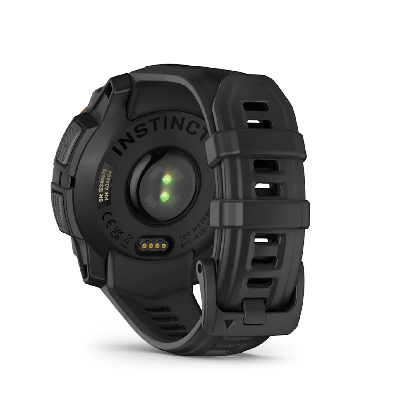 Garmin Instinct 3 Solar smartwatch back view showing heart rate sensor and charging port