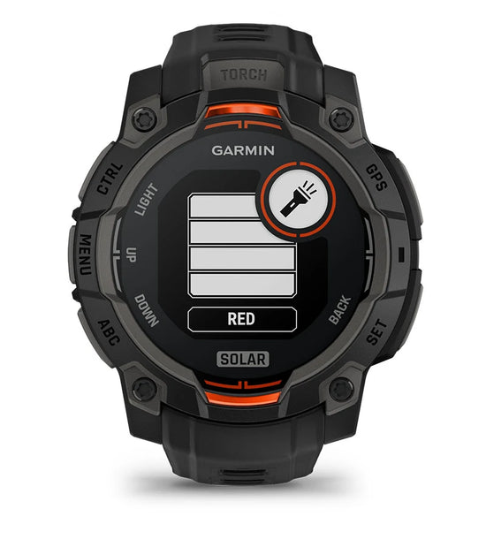 Garmin Instinct 3 Solar smartwatch showing built-in flashlight settings and controls