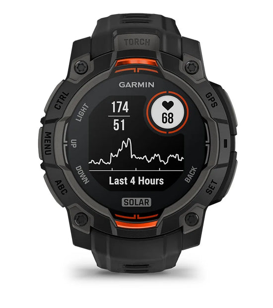 Garmin Instinct 3 Solar smartwatch displaying heart rate monitoring and activity graph