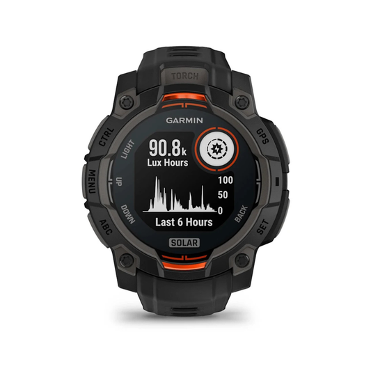 Garmin Instinct 3 Solar watch showing solar charging intensity lux hours graph