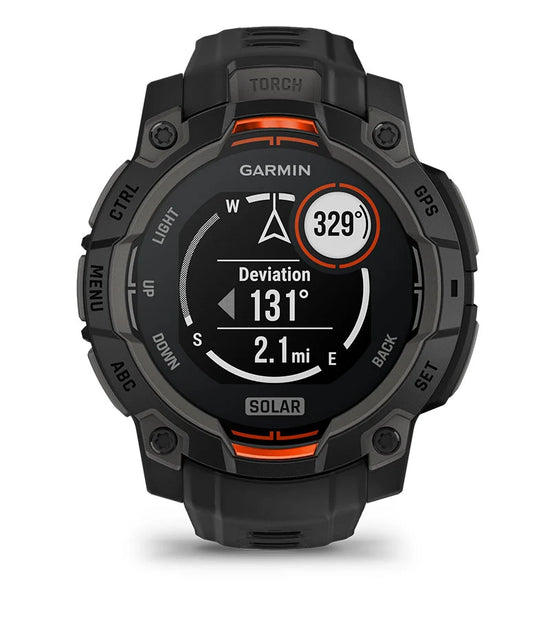 Garmin Instinct 3 Solar smartwatch displaying multi-band GPS navigation with compass and distance