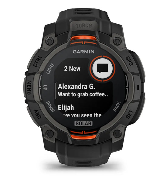 Garmin Instinct 3 Solar smartwatch showing smart notifications and incoming messages