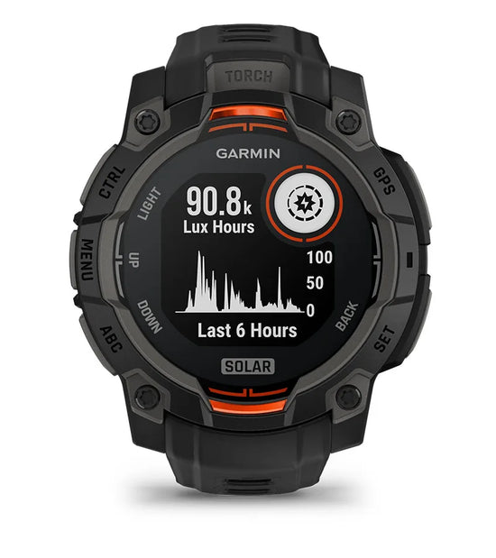 Garmin Instinct 3 Solar smartwatch showing solar charging data and light exposure tracking