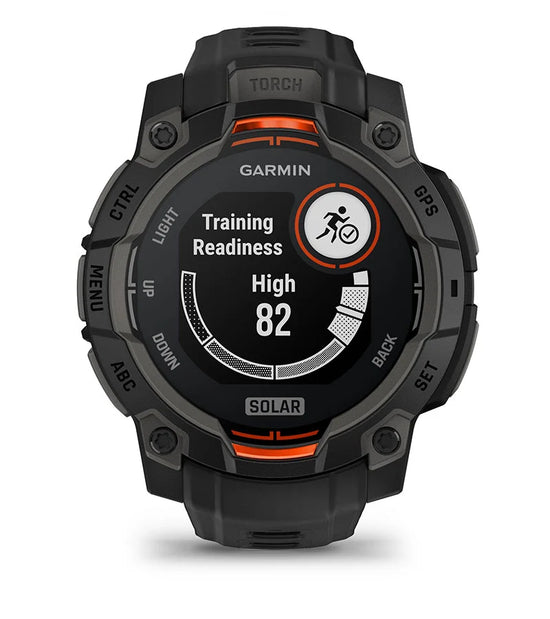 Garmin Instinct 3 Solar smartwatch displaying training readiness and wellness metrics