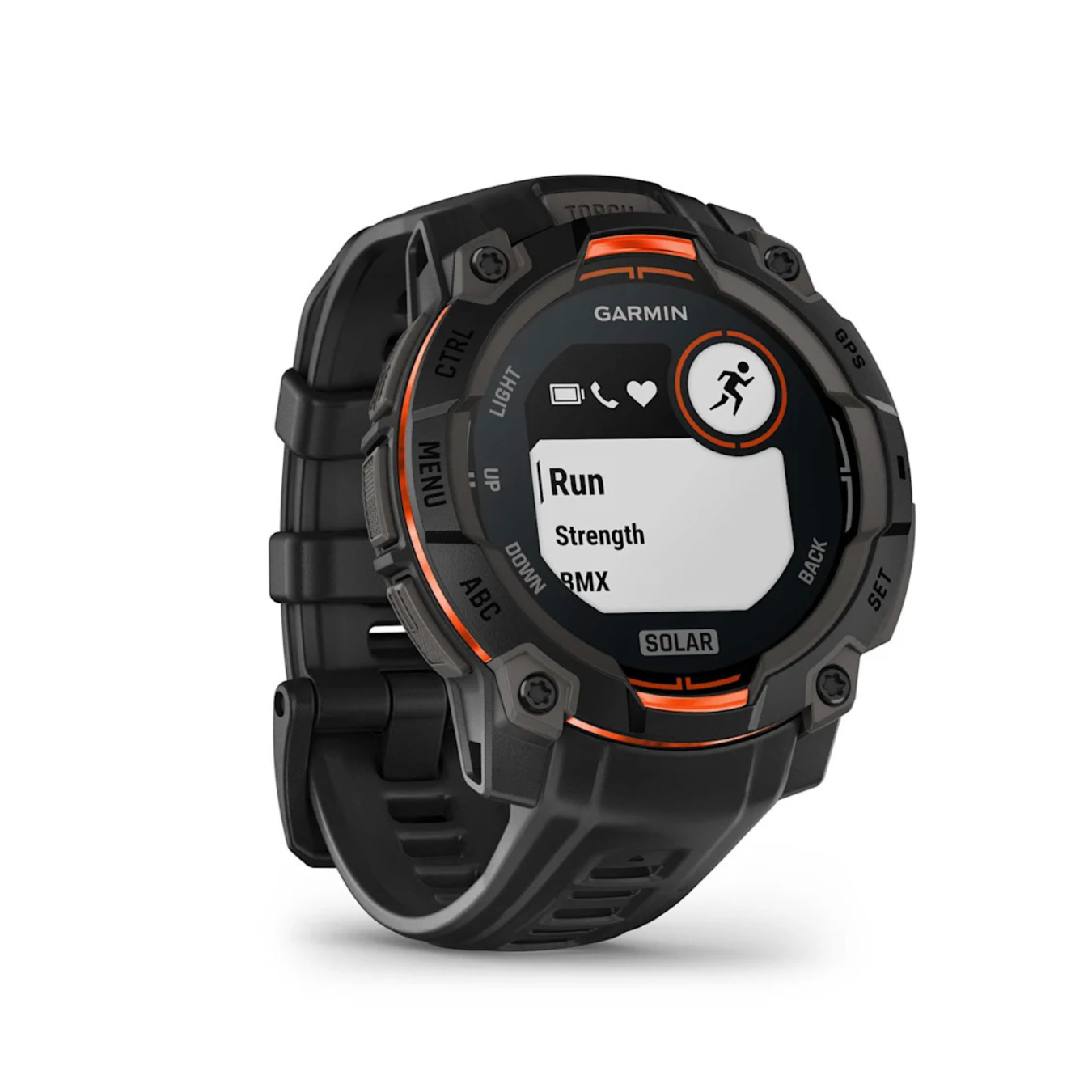Garmin Instinct 3 smartwatch activity modes screen with running strength and BMX options