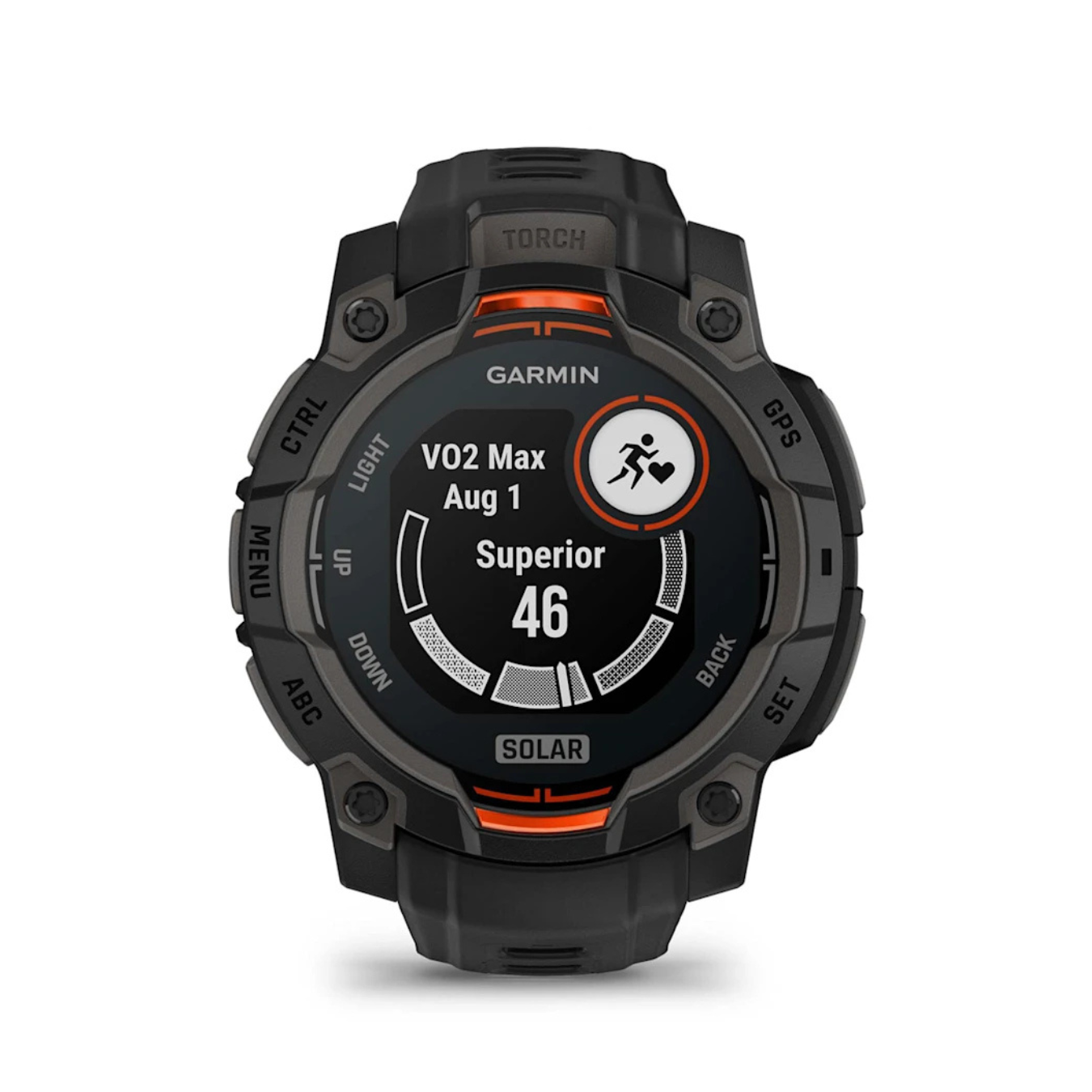 Garmin Instinct 3 Solar watch showing VO2 max fitness level and performance rating