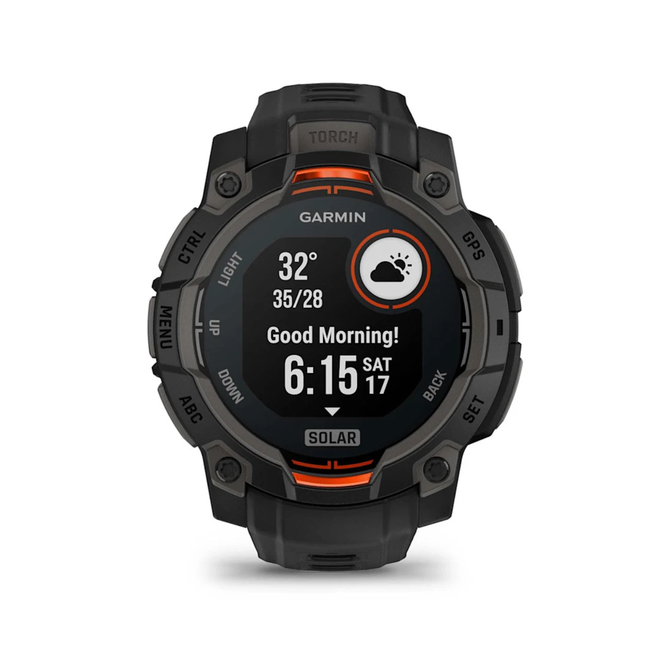 Garmin Instinct 3 smartwatch showing weather forecast temperature and morning report