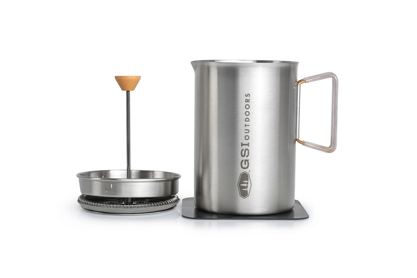 GSI Outdoors Glacier Javapress stainless coffee maker with plunger and filter components separated