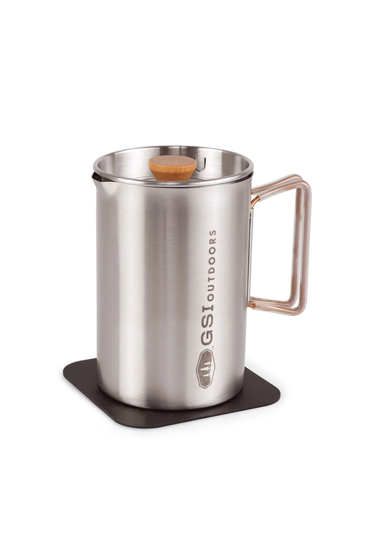 GSI Outdoors Glacier stainless stovetop Javapress coffee maker with lid and handle on base