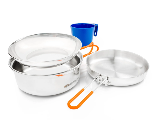 GSI Outdoors Glacier stainless 1 person mess kit complete camping cookware set with pot, lid, pan and cup