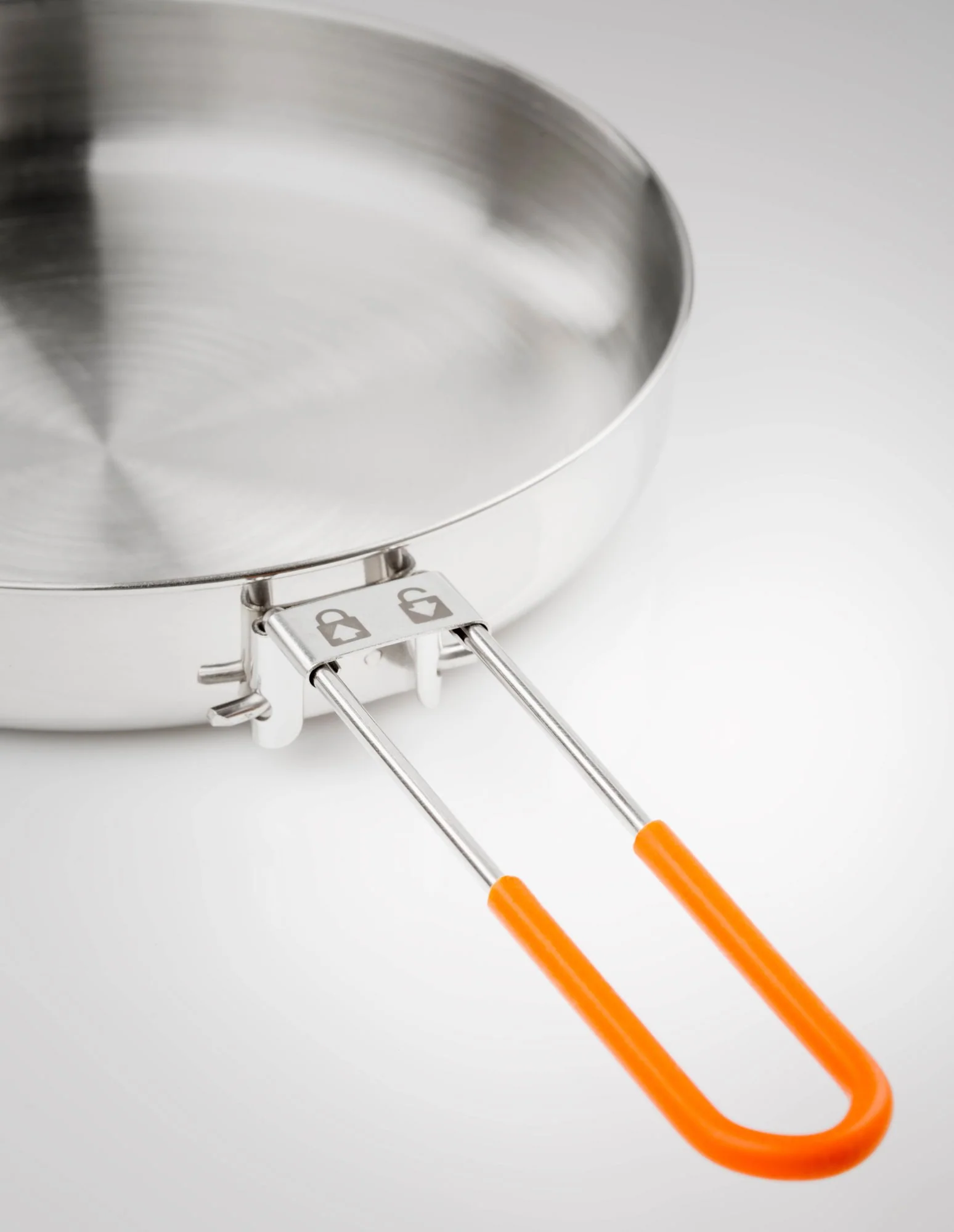 GSI Outdoors Glacier stainless mess kit folding handle detail with orange heat-resistant grips