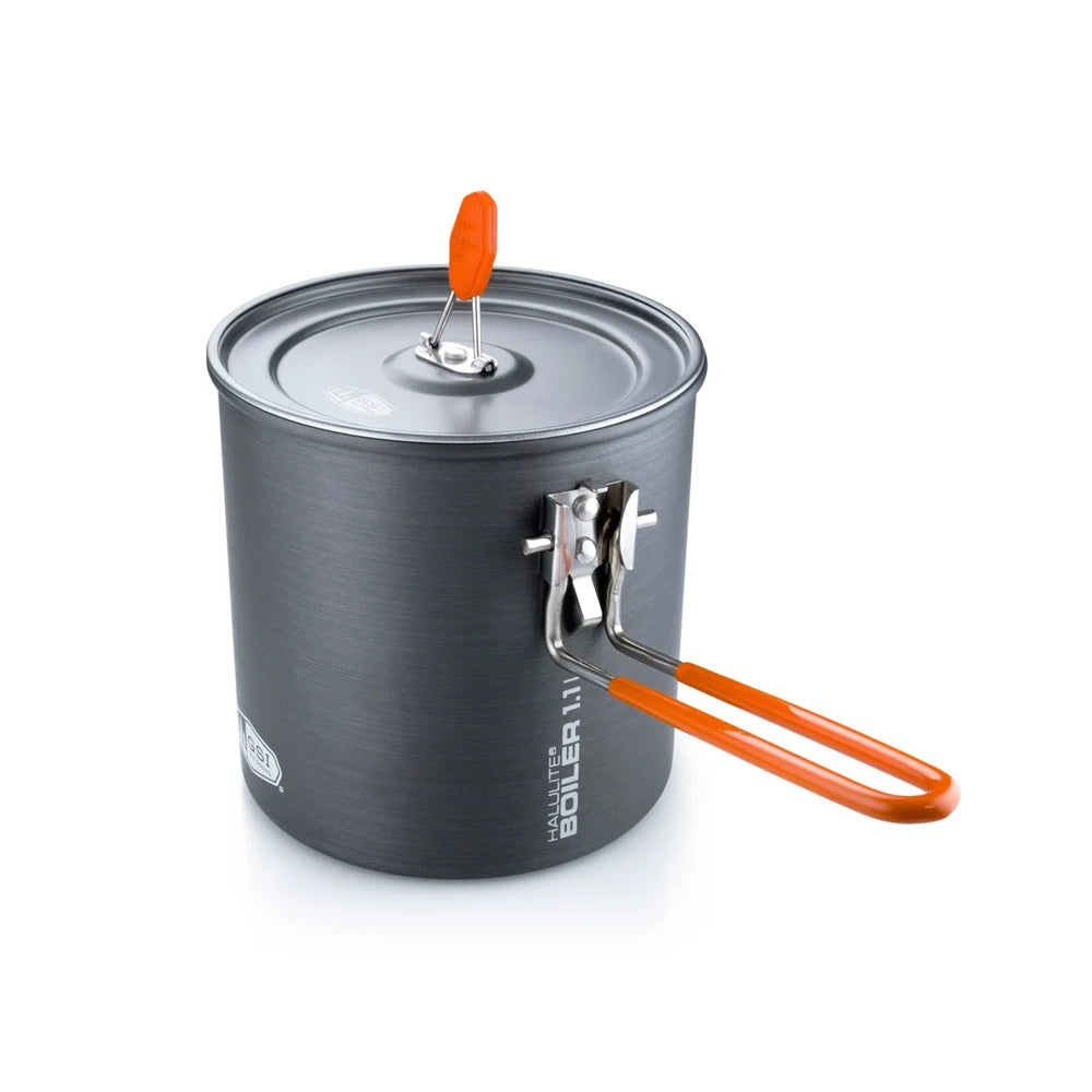 GSI Outdoors Halulite 1.8L boiler camping pot with lid and extended folding handle on white background