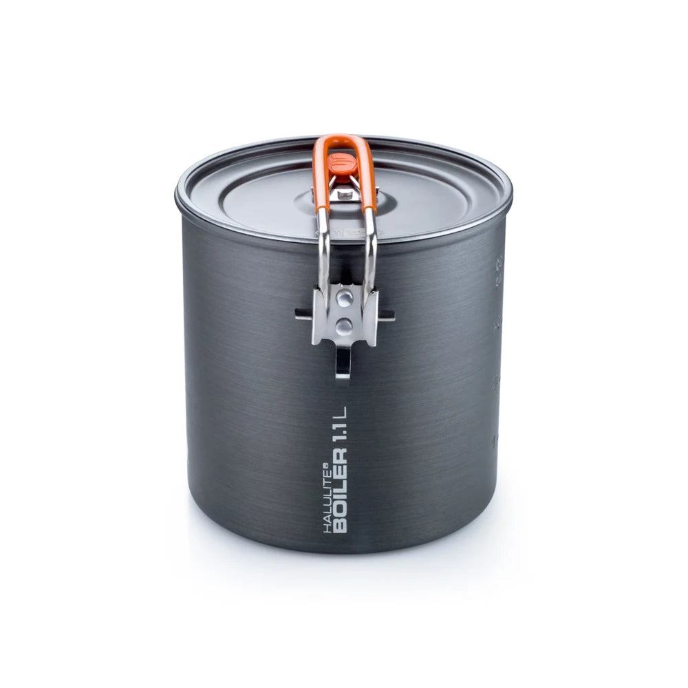 Front view of GSI Outdoors Halulite 1.8 liter boiler pot with lid and compact folding handle