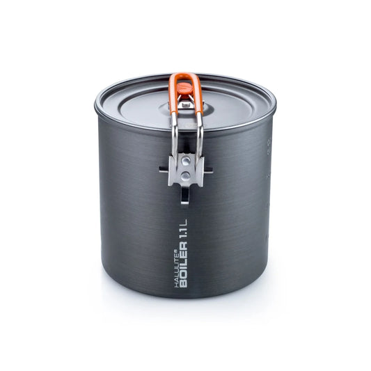 Front view of GSI Outdoors Halulite 1.8 liter boiler pot with lid and compact folding handle