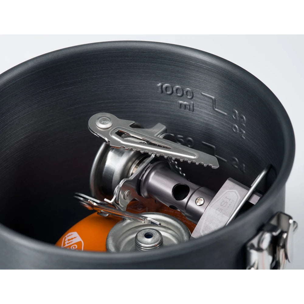 Interior of GSI Halulite 1.8L boiler showing camping stove stored inside pot