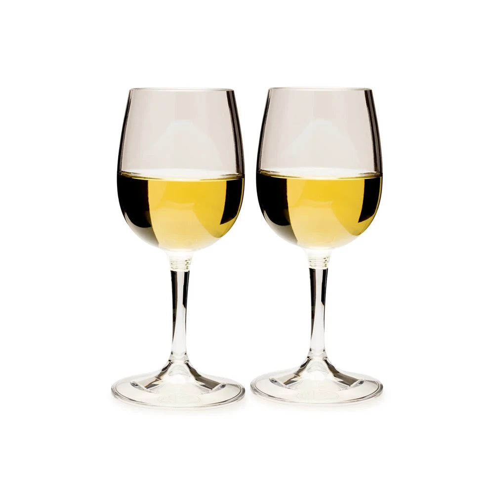 GSI nesting wine glass set with white wine filled lightweight camping stemware front view